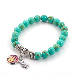 Turquoise Synthétique Bracelets à breloques extensibles en perles synthétiques turquoise (teintes), Avec pendentif en alliage de style tibétain, résine et laiton, forme de sirène, 2-1/4 pouce (5.8 cm)