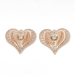 Light Gold Brass Pendants, with Crystal Rhinestone, Heart, Light Gold, 40.5x43x8mm, Hole: 2.5mm