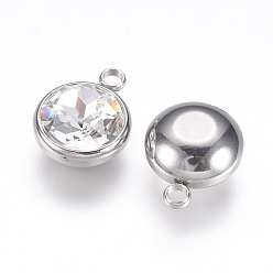 Clair K 9 pendentifs en strass de verre, charmes de naissance avril, avec 304 accessoires en acier inoxydable, plat rond, clair, 18x14x9mm, Trou: 2.5mm