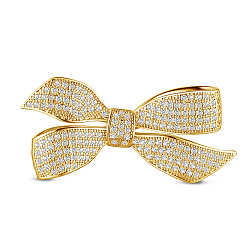 Real 18K Gold Plated SHEGRACE Brass Brooch, with Grade AAA Cubic Zirconia, Bowknot, Clear, Real 18K Gold Plated, 48x20mm