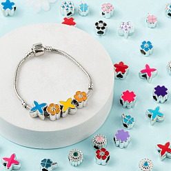 Mixed Color 70Pcs 7 Style Flowers & Plants Series UV Plating Acrylic European Beads, with Enamel, Large Hole Beads, Clover & Letter X & Flower & Flower with Concave Dots, Mixed Color, 10.5~13x8.5~13.5x6.5~9mm, Hole: 4~5mm, 10pcs/style