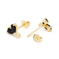 Black Rack Plating Brass Cubic Zirconia Stud Earrings Findings, Real 18K Gold Plated, with Loop, Cadmium Free & Lead Free, Heart, Black, 9x8.5mm, Hole: 1.5mm, Pin: 1mm