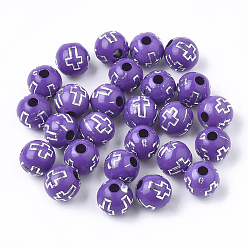 Medium Purple Plating Acrylic Beads, Silver Metal Enlaced, Round with Cross, Medium Purple, 8mm, Hole: 2mm, about 1800pcs/500g