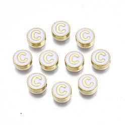 Letter C Des perles d'émail en alliage, sans cadmium et sans plomb, or et de lumière, rond et plat avec alphabet, blanc, letter.c, 8x4mm, Trou: 1.5mm