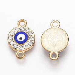 Light Gold Alloy Rhinestone Links connectors, Enamel Style, Flat Round with Evil Eye, Blue, Light Gold, 17.5x11x2.5mm, Hole: 1.5mm