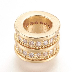 Plaqué 18K Or Véritable Micro cuivres ouvrent zircone cubique perles européennes, Perles avec un grand trou   , réel 18 k plaqué or, colonne, or, 8x6mm, Trou: 5mm