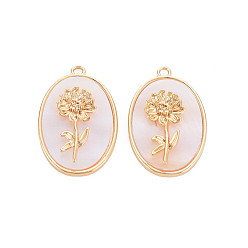 November Chrysanthemum Brass Birth Floral Pendants, Oval with Flower Mother of Pearl White Shell Charms, Nickel Free, Real 18K Gold Plated, November Chrysanthemum, 27x18x4mm, Hole: 1.8mm
