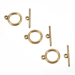 Antique Golden Tibetan Style Toggle Clasps, Lead Free & Cadmium Free & Nickel Free, Rondelle, Antique Golden, Size: Ring: about 15mm in diameter, 2mm thick, hole: 2mm, Bar: 21mm long, hole: 2mm