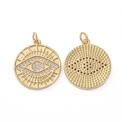 Golden Brass Micro Pave Clear Cubic Zirconia Pendants, with Jump Rings, Long-Lasting Plated, Flat Round with Evil Eye, Golden, 20x17.5x1.5mm, Hole: 2.7mm