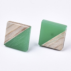 Medium Sea Green Opaque Resin & Wood Stud Earrings, with 304 Stainless Steel Pin, Rhombus, Medium Sea Green, 17x18mm, Pin: 0.7mm