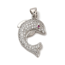 Mixed Color Dolphin Brass Micro Pave Cubic Zirconia Pendants, Lead Free & Nickel Free, Mixed Color, 21x15x3mm, Hole: 3x4mm