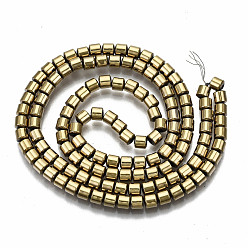 Light Gold Plated Electroplate Non-magnetic Synthetic Hematite Beads Strands, Column, Light Gold Plated, 3.5x3mm, Hole: 1mm, about 125~126pcs/strand, 15.55 inch~15.83 inch(39.5cm~40.2cm)