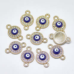 Light Gold Alloy Links, with Crystal Rhinestone and Blue Enamel, Flat Round with Evil Eye, Light Gold, 19.5x12x3.5mm, Hole: 2mm