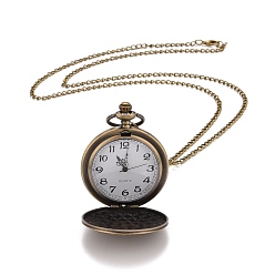 Antique Bronze Retro Alloy Flat Round with Triangle Pendant Pocket Watches, Quartz Watch, with Iron Chain and Lobster Claw Clasps, Antique Bronze, 31.4 inch, Watch: 59x47x17mm