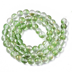 Lime Green Transparent Spray Painted Glass Bead Strands, with Golden Foil, Round, Lime Green, 6~7mm, Hole: 1.2~1.5mm, about 65~67pcs/Strand, 14.76 inch~15.12 inch(37.5~38.4cm)