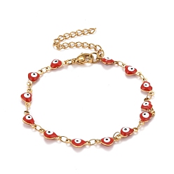 Mixed Color Enamel Heart with Evil Eye Link Chains Bracelet, Vacuum Plating 304 Stainless Steel Jewelry for Women, Golden, Mixed Color, 6-7/8 inch(17.5cm)