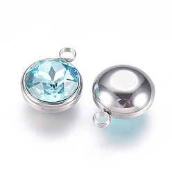 Pale Turquoise K9 Glass Rhinestone Pendants, December Birthstone Charms, with 304 Stainless Steel Findings, Flat Round, Pale Turquoise, 18x14x9mm, Hole: 2.5mm