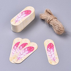Colorful Paper Gift Tags, Hange Tags, For Arts and Crafts, with Jute Twine, Oval with Feather Pattern, Colorful, 60x20x0.5mm, 50pcs/set