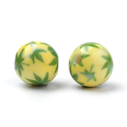 Vert Jaune Perles acryliques imprimés opaques, rond avec motif feuille de pot/feuille de chanvre, vert jaune, 10x9.5mm, Trou: 2mm