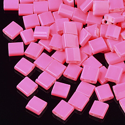 Hot Pink 2-Hole Baking Paint Glass Seed Beads, Rectangle, Hot Pink, 5x4.5~5.5x2~2.5mm, Hole: 0.5~0.8mm