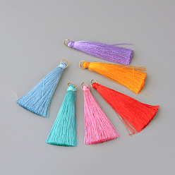 Mixed Color Nylon Thread Tassel Pendants Decoration, with Brass Findings, Golden, Mixed Color, 35x7mm, Hole: 7mm