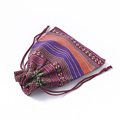 Couleur Mélangete Sacs de sachets d'emballage de coton de style ethnique, sacs à cordonnet, avec cordon de couleur aléatoire, rectangle, couleur mixte, 13~14x9.8~10 cm