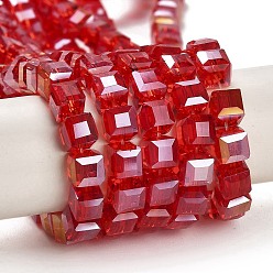Red Electroplate Glass Beads Strands, AB Color Plated, Faceted, Cube, Red, 6x6x6mm, Hole: 1mm