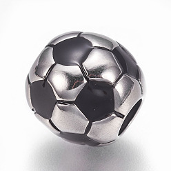 Stainless Steel Color 304 Stainless Steel European Beads, with Enamel, Large Hole Beads, Rondelle with FootBall/Soccer Ball, Black, Stainless Steel Color, 12.5x12mm, Hole: 5mm