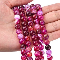 Deep Pink Natural Striped Agate/Banded Agate Bead Strands, Round, Grade A, Dyed & Heated, Deep Pink, 8mm, Hole: 1mm, about 47pcs/strand, 15 inch