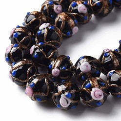 Black Handmade Gold Sand Lampwork Beads Strands, Round with Flower, Black, 13~15x11~13mm, Hole: 1.6mm, about 45pcs/strand, 20.47 inch~21.06 inch(52cm~53.5cm)