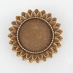 Antique Bronze Vintage Alloy Brooch Cabochon Bezel Settings, with Iron Pin Brooch Back Bar Findings, Flower, Cadmium Free & Nickel Free & Lead Free, Antique Bronze, Flat Round Tray: 20mm, 33x2mm, Pin: 0.6mm