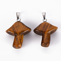 Tiger Eye Natural Tiger Eye Pendants, with Stainless Steel Snap On Bails, Mushroom, Stainless Steel Color, 27.5~28.5x23~25x9.5~10.5mm, Hole: 3x5mm