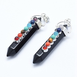 Obsidian Chakra Jewelry, Natural Obsidian Double Terminated Pointed Pendants, with Natural & Synthetic Mixed Stone Alloy Findings, Bullet, Platinum, 58~61x16.5~18x15.5~16mm, Hole: 4.5x7.5mm