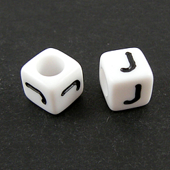 Letter J Lettre acrylique européenne perles, trou horizontal, cube, letter.j, 10x10x10mm, Trou: 3.5~4mm, environ598 pcs / 500 g