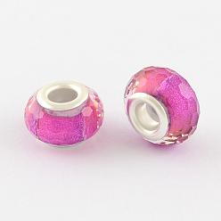 Camellia Large Hole Resin European Beads, with Silver Color Plated Brass Double Cores, Faceted Rondelle, Camellia, 14x9mm, Hole: 5mm