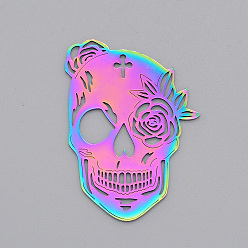 Rainbow Color Ion Plating(IP) 201 Stainless Steel Pendants, Laser Cut, Skull, for Halloween, Rainbow Color, 42x30x1mm, Hole: 1.5mm