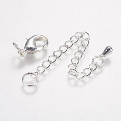 Silver Brass Chain Extender, with 304 Stainless Steel Lobster Claw Clasps, Silver, Total Long: 74~78mm, Lobster Clasp: 7x12mm, Extend Chain: 60mm, Hole: 3~4.5mm