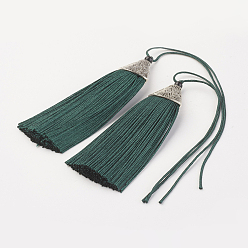 Teal Nylon Tassels Big Pendant Decorations, with CCB Plastic, Antique Silver, Teal, 85x20x10.5mm