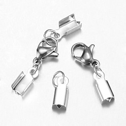 Stainless Steel Color 304 Stainless Steel Lobster Claw Clasps, with Cord Ends, Stainless Steel Color, 34mm
