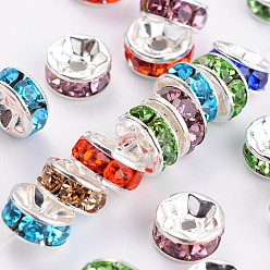 Mixed Color Brass Grade A Rhinestone Spacer Beads, Silver Color Plated, Nickel Free, Mixed Color, 7x3.2mm, Hole: 1.2mm
