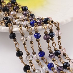 Mixed Color Faceted Rondelle Electroplate Glass Handmade Beaded Chains, Unwelded, with Brass Findings, Antique Bronze, Mixed Color, 6x4mm, about 62pcs/strand, 39.3 inch