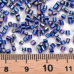 Blue Glass Bugle Beads, Silver Lined Colours Rainbow, Blue, 2.5~3x2mm, Hole: 0.9mm, about 15000pcs/pound