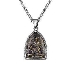 Argent Antique Collier pendentif arc bouddhiste en acier inoxydable pour hommes femmes, ksitigarbha, 23.62 pouce (60 cm)