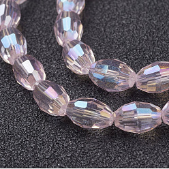 Pink Electroplate Glass Beads Strands, AB Color Plated, Faceted Oval, Pink, 6x4mm, Hole: 1mm, about 67~68pcs/strand