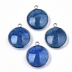 Steel Blue Natural Crackle Agate Pendants, with Platinum Plated Brass Findings, Dyed & Heated, Flat Round, Steel Blue, 27~28x23~24x7~9.5mm, Hole: 2mm