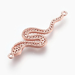 Real Rose Gold Plated Brass Micro Pave Cubic Zirconia Links, Long-Lasting Plated, Snake, Lead Free & Nickel Free & Cadmium Free, Clear, Real Rose Gold Plated, 39x13.5x3mm, Hole: 1.2mm