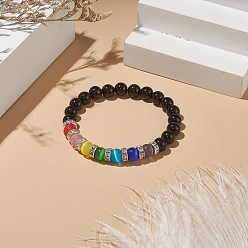 Colorful Natural Black Onyx & Cat Eye Beaded Stretch Bracelet, Gemstone Jewelry for Women, Colorful, Inner Diameter: 2-1/4 inch(5.7cm)