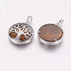 Tiger Eye Natural Tiger Eye Pendants, with Brass Findings, Platinum, Flat Round with Tree, 31x27x6.5~7mm, Hole: 5x8mm