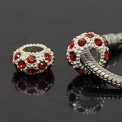 Light Siam Alloy Rhinestone European Beads, Large Hole Beads, Rondelle, Silver Color Plated, Light Siam, 11x6mm, Hole: 5mm