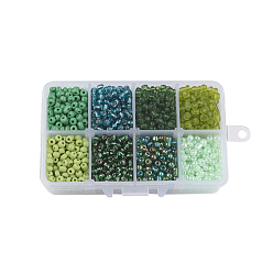 Green 6/0 Glass Seed Beads, Mixed Style, Round, Green, 4x3mm, Hole: 1mm, about 1900pcs/box, Packaging Box: 11x7x3cm